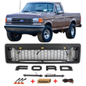 Front Grille for 1987 1988 1989 1990 1991 Ford F150 Bronco Grill Raptor Style Black Grill with Letters and LEDs