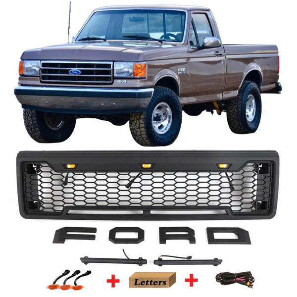 Front Grille for 1987 1988 1989 1990 1991 Ford F150 Bronco Grill Raptor Style Black Grill with Letters and LEDs