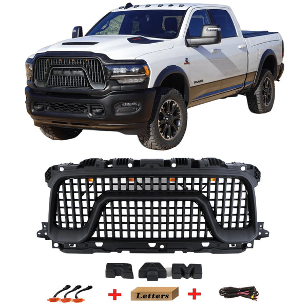 Black Front Grille for 2019 2020 2021 2022 2023 2024 Dodge RAM 2500/3500 Big Horn Style Grill W/ Letters and LED Lights