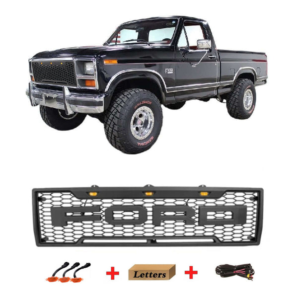 Raptor Style Front Grille For 1980 1981 1982 1983 1984 1985 1986 Ford F150 Bronco Black Grill with Letters and LED Lights