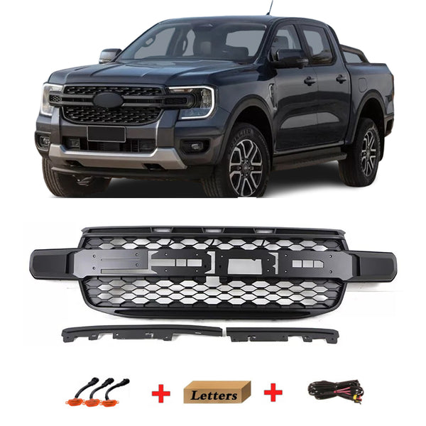 Front Grille for 2023 2024 2025 Ford Ranger T9 Raptor Style Grill with Letters and Lights Matte Black
