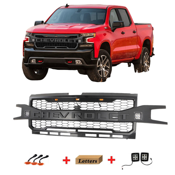 Front Grille for 2019 2020 2021 2022 Chevrolet Silverado 1500 Black Upper Grill With 3+2 Lights and Letters
