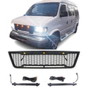 Front Grille Compatible with 2003 2004 2005 2006 2007 Ford Econoline E150 E250 E350 Grill with Letters and LEDs Matte Black