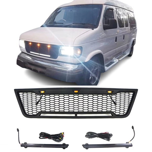 Front Grille Compatible with 2003 2004 2005 2006 2007 Ford Econoline E150 E250 E350 Grill with Letters and LEDs Matte Black