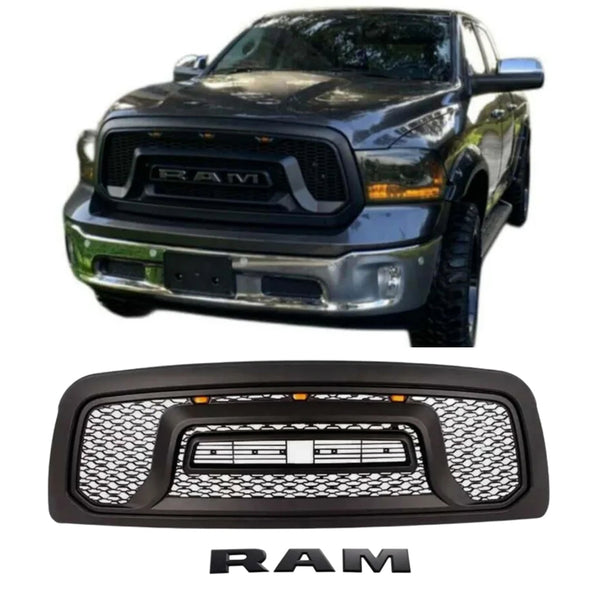 Black Front Grille for 2013 2014 2015 2016 2017 2018 Dodge RAM 1500 Rebel Style Grill with Letters and LED Lights