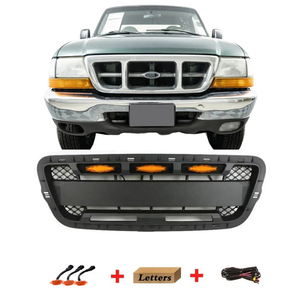 Front Grille Compatible with 2001 2002 2003 Ford Ranger Raptor Style Grill with Letters and LED Lights