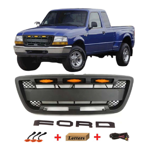 Front Grille Compatible with 1998 1999 2000 Ford Ranger Raptor Style Grill with Letters and Lights