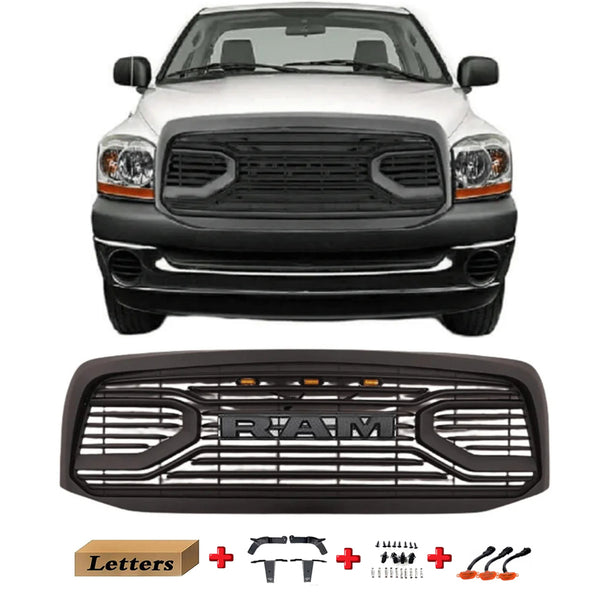 Black Front Grille for 2006 2007 2008 Dodge RAM 1500 Grill, Big Horn Style with Letters and LED Lights
