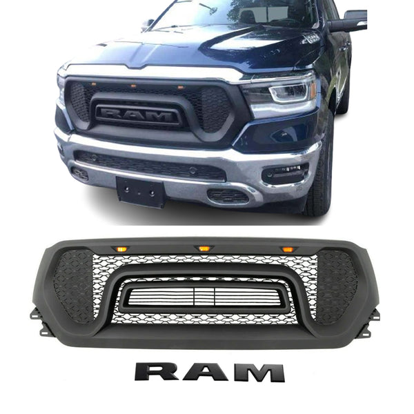 Front Grille for 2019 2020 2021 Dodge Ram 1500 Rebel Style Grill Matte black with LED Lights and Letters