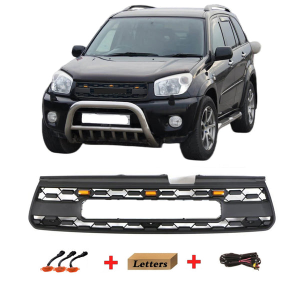 Black Front Grille Compatible with 2001 2002 2003 Toyota RAV4 2nd Gen TRD PRO Grill with Badge & LED Lights