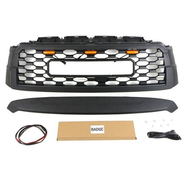 Front Bumper Grille Compatible with 2010-2021 2nd Gen Toyota Sequoia TRD PRO Style Grill with Badge and LED Lights Matte Black