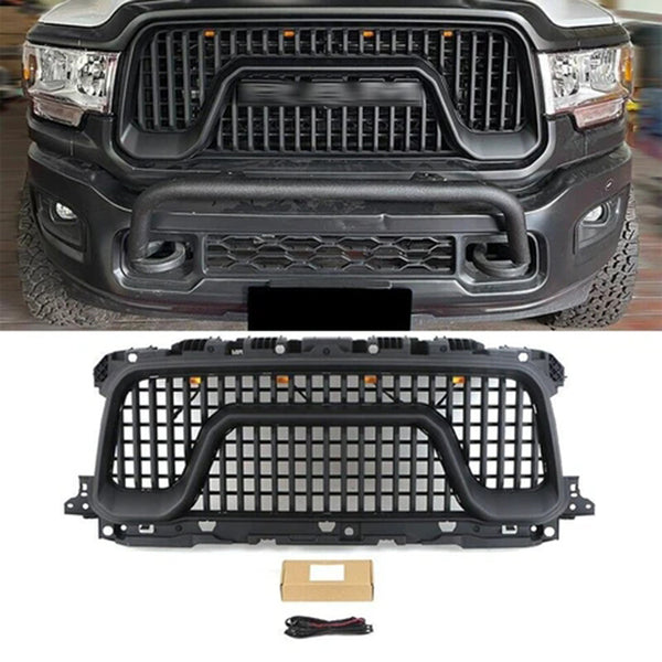 Black Front Grille for 2019 2020 2021 2022 2023 2024 Dodge RAM 2500/3500 Big Horn Style Grill W/ Letters and LED Lights
