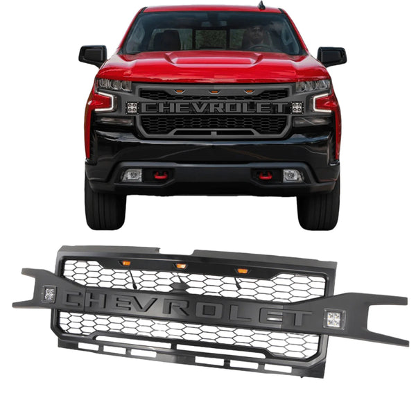 Front Grille for 2019 2020 2021 2022 Chevrolet Silverado 1500 Black Upper Grill With 3+2 Lights and Letters