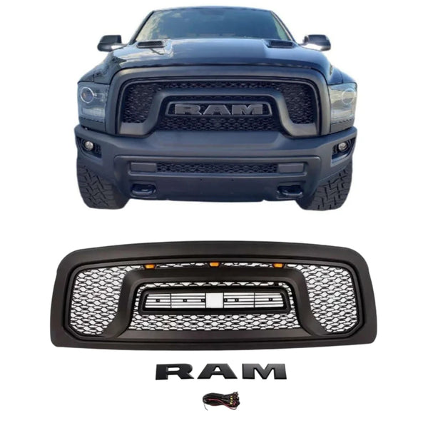 Black Front Grille for 2013 2014 2015 2016 2017 2018 Dodge RAM 1500 Rebel Style Grill with Letters and LED Lights