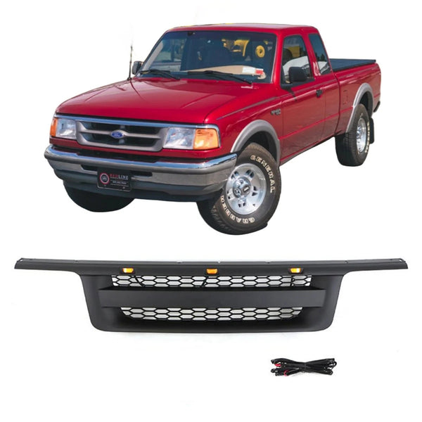 Front Grille Compatible with 1995 1996 1997 Ford Ranger Raptor Style Grill with Letters and LED Lights