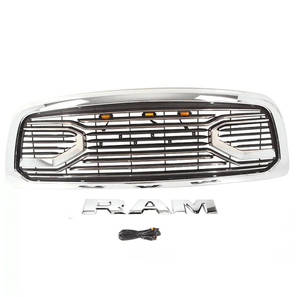 Chrome Front Grille for 2002 2003 2004 2005 Dodge Ram 1500 Big Horn Style Grill with Letters and LED Lights