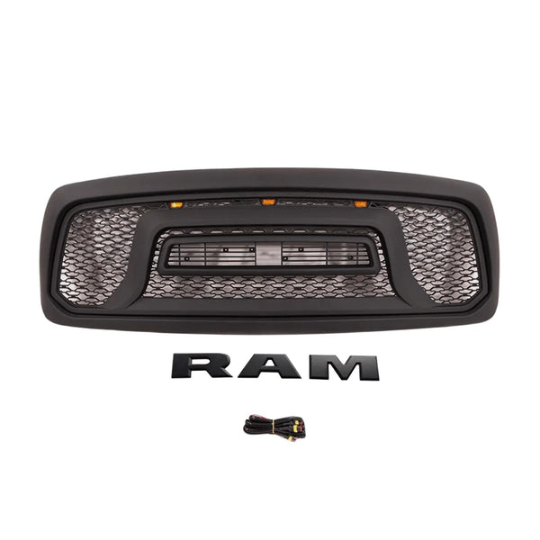 Front Rebel Style Grille For 2002 2003 2004 2005 Dodge Ram 1500 Black Grill with Letters & LED Lights