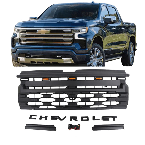 Front Grille for 2019 2020 2021 2022 2023 2024 Chevrolet Silverado 1500 Black Upper Grill with Lights and Letters