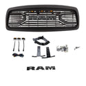 Black Front Grille for 2002 2003 2004 2005 Dodge Ram 1500 Bumper Grill Big Horn Style with Letters and LED Lights