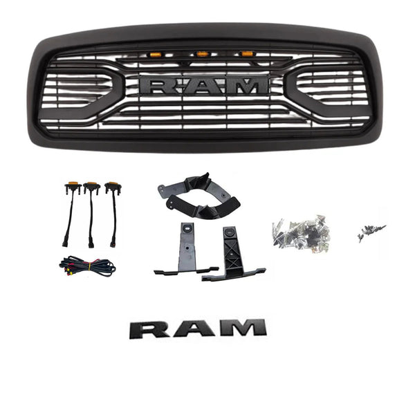 Black Front Grille for 2002 2003 2004 2005 Dodge Ram 1500 Bumper Grill Big Horn Style with Letters and LED Lights