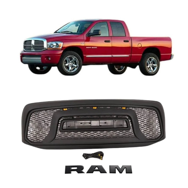 Black Front Grille for 2006 2007 2008 Dodge RAM 1500 Grill, Rebel Style with Letters & Lights