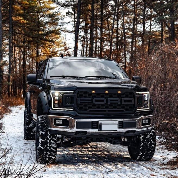 Front Grille Compatible with 2018 2019 2020 Ford F150 Grill Raptor Style Grill with Letters and LEDs Black