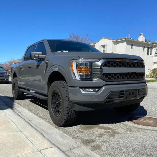 Front Grille Compatible with 2021 2022 Ford F150 Grill Raptor Style Black Grill with Letters and 3 Led Lights