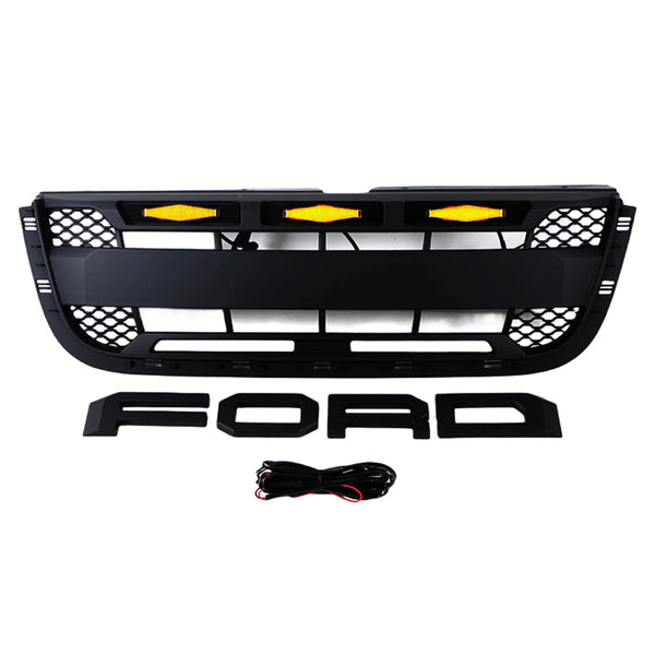 Black Front Grille Fit for 2001 2002 2003 Ford Ranger Raptor Style Grill with Letters and LED Lights