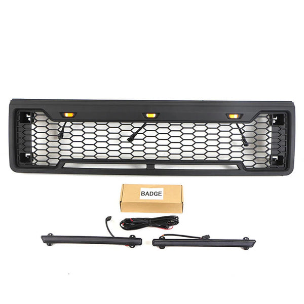 Front Grille for 1987 1988 1989 1990 1991 Ford F150 Bronco Grill Raptor Style Black Grill with Letters and LEDs