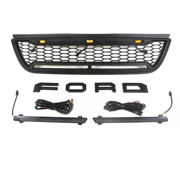 Raptor Style Front Grille for 2002 2003 2004 2005 Ford Explorer/Sport Trac Models Black Grill with Letters and LEDs