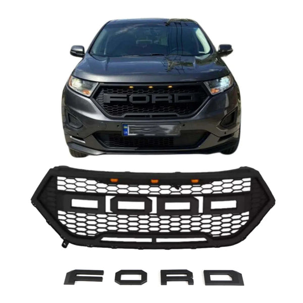 Front Grille Fit for 2016 2017 2018 Ford edge Raptor Style Grill with Letters and LED Lights Matte Black