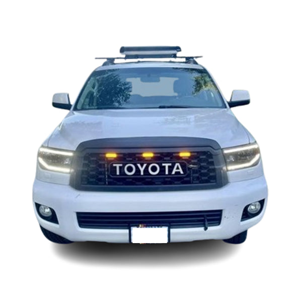 Front Bumper Grille Compatible with 2010-2021 2nd Gen Toyota Sequoia TRD PRO Style Grill with Badge and LED Lights Matte Black
