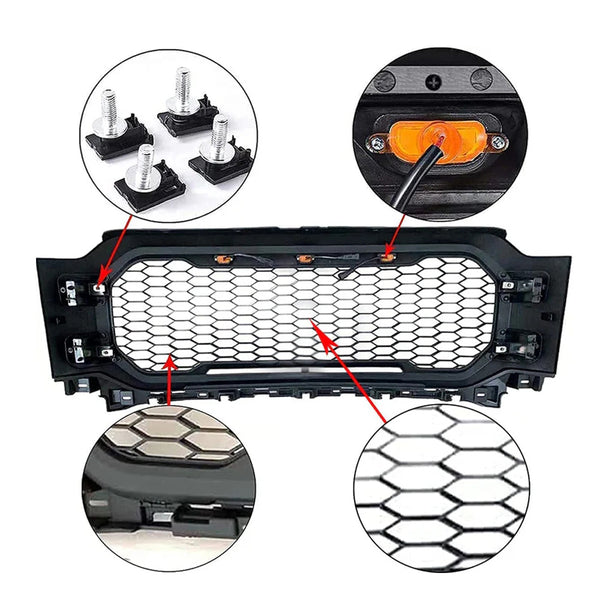 Front Grille Compatible with 2021 2022 Ford F150 Grill Raptor Style Black Grill with Letters and 3 Led Lights