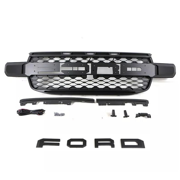 Front Grille for 2023 2024 2025 Ford Ranger T9 Raptor Style Grill with Letters and Lights Matte Black