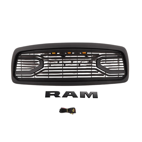 Black Front Grille for 2002 2003 2004 2005 Dodge Ram 1500 Bumper Grill Big Horn Style with Letters and LED Lights