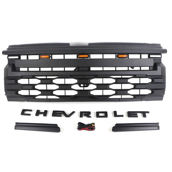 Front Grille for 2019 2020 2021 2022 2023 2024 Chevrolet Silverado 1500 Black Upper Grill with Lights and Letters