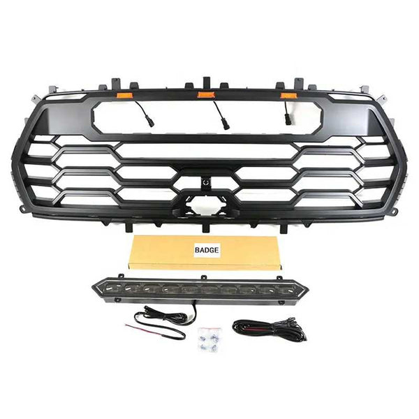 Front Bumper Grille for 2022 2023 2024 2025 3rd Gen Toyota Sequoia TRD PRO Style Grill with Badge and LEDs