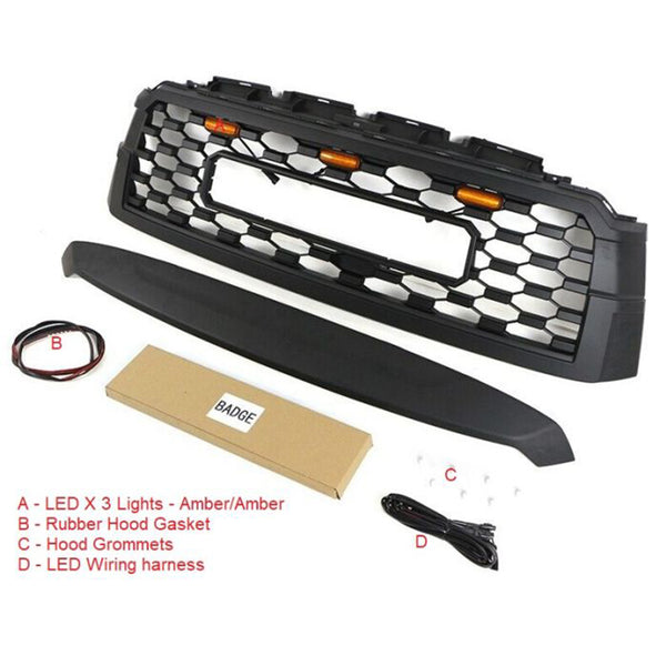 Front Bumper Grille Compatible with 2010-2021 2nd Gen Toyota Sequoia TRD PRO Style Grill with Badge and LED Lights Matte Black