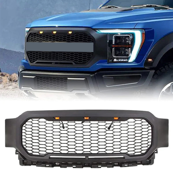 Front Grille Compatible with 2021 2022 Ford F150 Grill Raptor Style Black Grill with Letters and 3 Led Lights