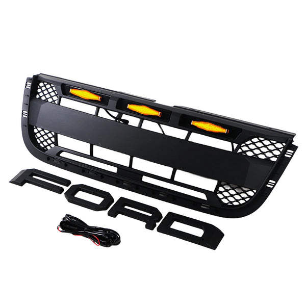 Black Front Grille Fit for 2001 2002 2003 Ford Ranger Raptor Style Grill with Letters and LED Lights