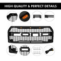 Front Grille Compatible with 2015 2016 2017 Ford F150 Grill Raptor Style Black Grill with Letters and 3 Led Lights