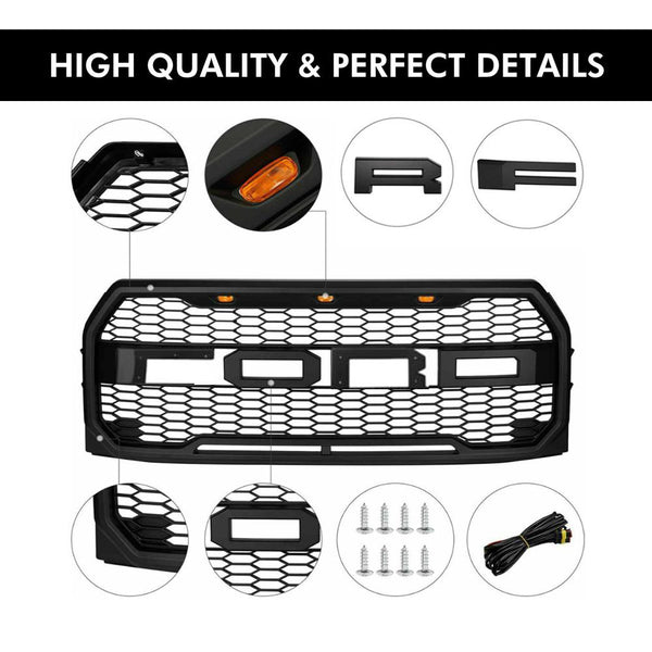 Front Grille Compatible with 2015 2016 2017 Ford F150 Grill Raptor Style Black Grill with Letters and 3 Led Lights
