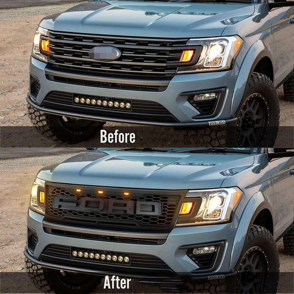 Front Grille Compatible with 2018 2019 2020 2021 Ford Expedition Grill with Letters and LEDs Matte Black