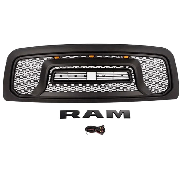 Black Front Grille for 2013 2014 2015 2016 2017 2018 Dodge RAM 1500 Rebel Style Grill with Letters and LED Lights