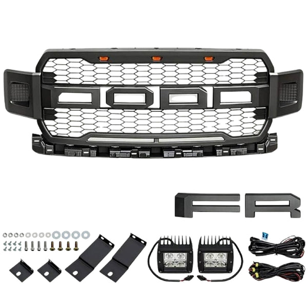Front Grille Compatible with 2018 2019 2020 Ford F150 Grill Raptor Style Grill with Letters and LEDs Black