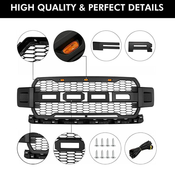 Front Grille Compatible with 2018 2019 2020 Ford F150 Grill Raptor Style Grill with Letters and LEDs Black