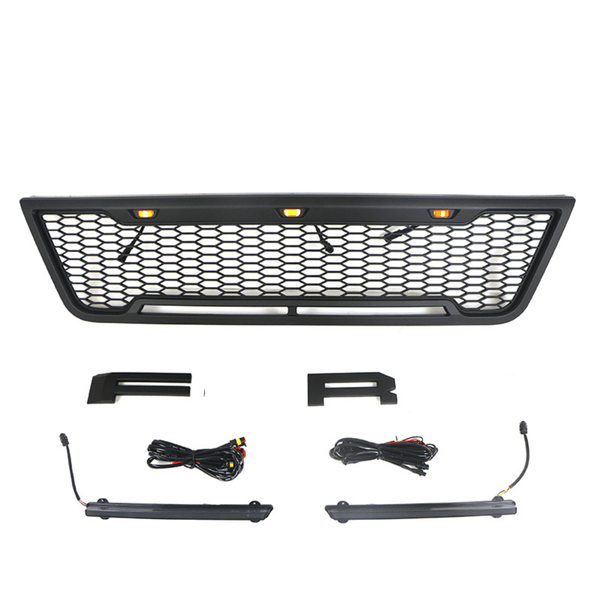 Front Grille Compatible with 2003 2004 2005 2006 2007 Ford Econoline E150 E250 E350 Grill with Letters and LEDs Matte Black
