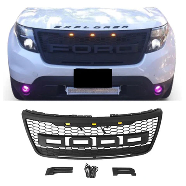 Front Grille for 2011 2012 2013 2014 2015 Ford Explorer Black Grill Raptor Style with Letters and LEDs