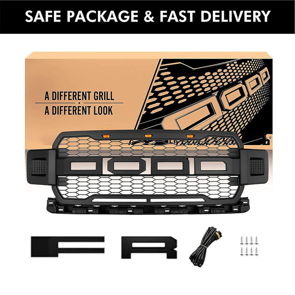 Front Grille Compatible with 2018 2019 2020 Ford F150 Grill Raptor Style Grill with Letters and LEDs Black