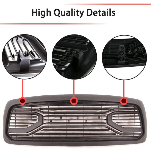 Black Front Grille for 2002 2003 2004 2005 Dodge Ram 1500 Bumper Grill Big Horn Style with Letters and LED Lights